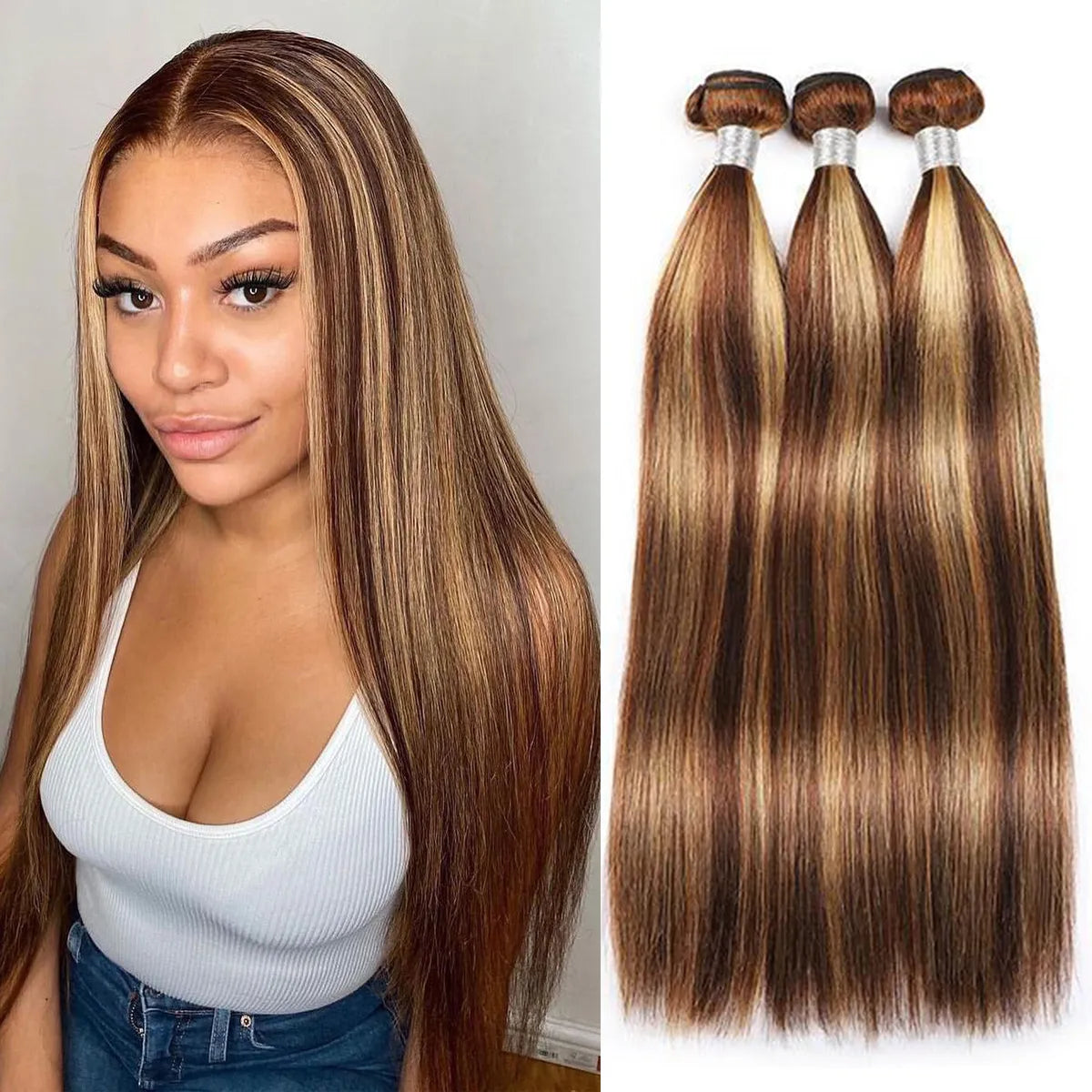 Balayage Highlight Honey Blonde Brazilian Straight Hair - 3 Bundles